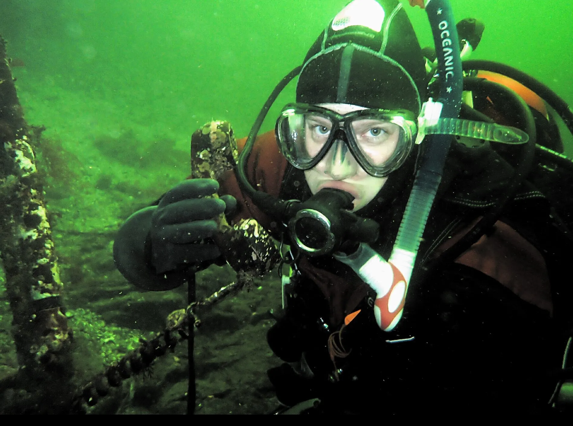 Scuba diver holding a phone underwater at phonebooth in China Creek making a local call